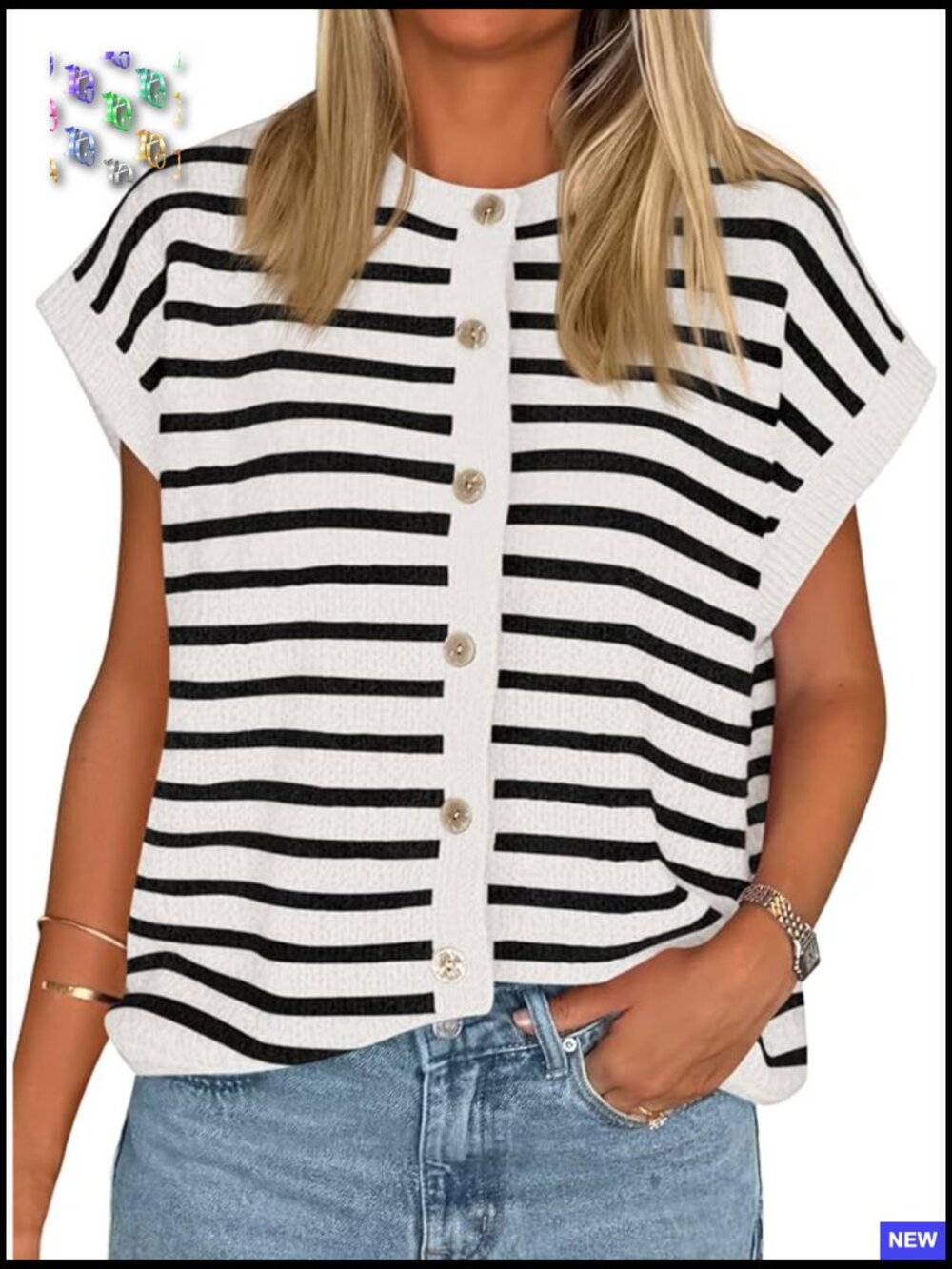 Striped Cap Sleeve Sweater Vest Crew Neck Button Down Cardigan Cute Knit Tops - Picture 1 of 7